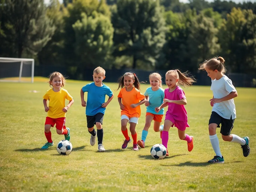 A vibrant image depicting a group of children participating in a soccer clinic organized by CRISMATS (CMS), showcasing teamwork and active engagement.