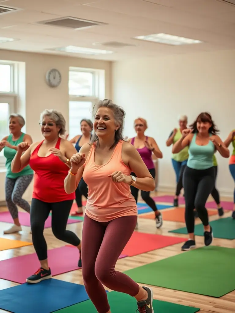 A group of adults participating in a Zumba class in a community center, emphasizing the accessible fitness programs offered by CRISMATS (CMS).