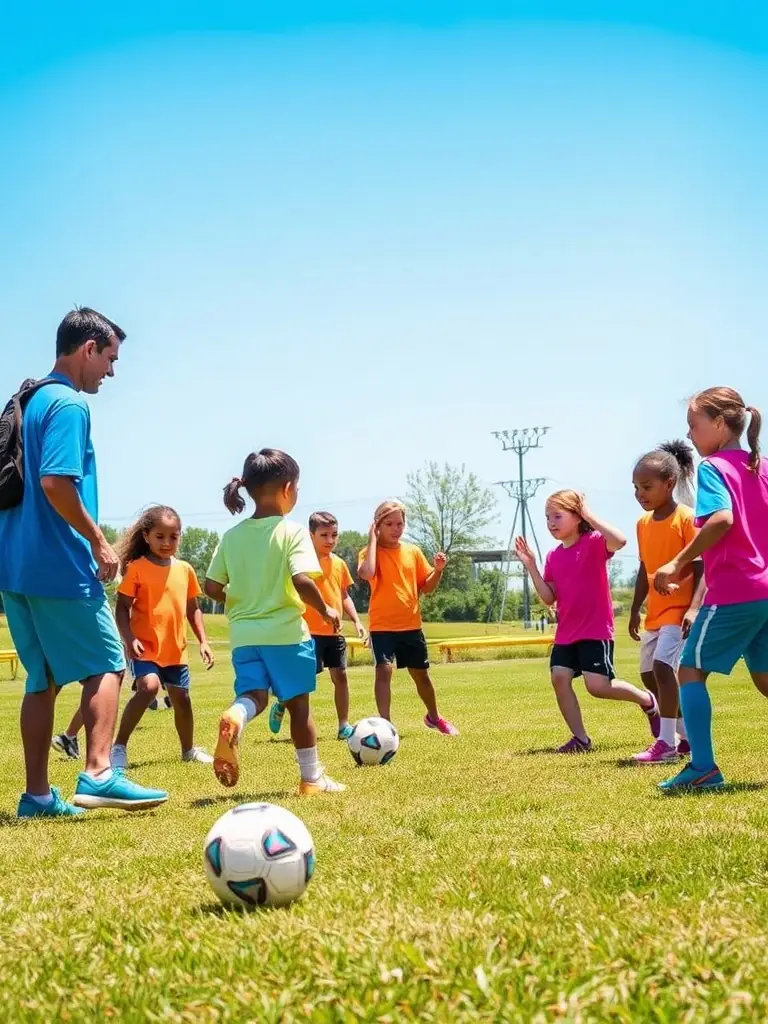 A diverse group of children participating in a soccer clinic, showcasing the inclusive nature of CRISMATS (CMS) youth sports programs.