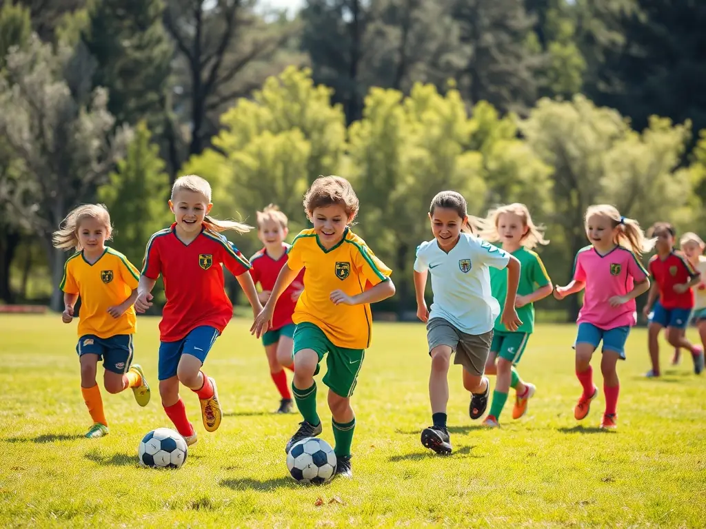 A dynamic photograph capturing a group of children participating in a soccer clinic organized by CRISMATS (CMS), showcasing teamwork and skill-building.