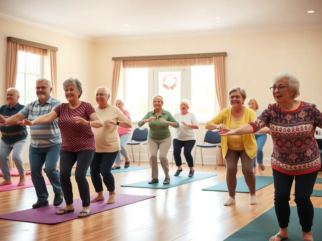 A heartwarming photo of seniors participating in a gentle exercise class organized by CRISMATS (CMS), highlighting inclusivity and active aging.