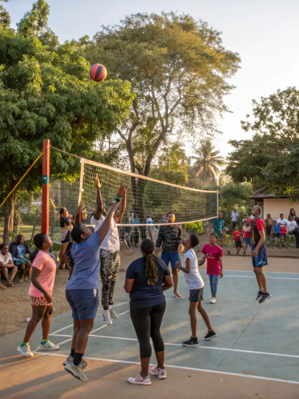 A group of diverse individuals laughing and playing volleyball at a CRISMATS (CMS) community sports event, showcasing the joy and camaraderie of participation.