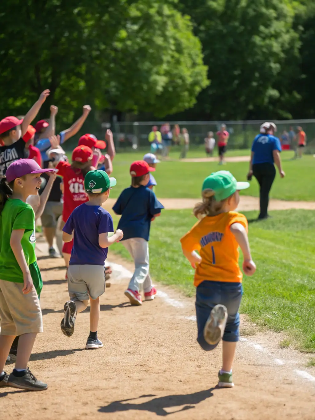 A colorful picture of children participating in a sports day event, with various games and activities, organized by CRISMATS (CMS) volunteers.