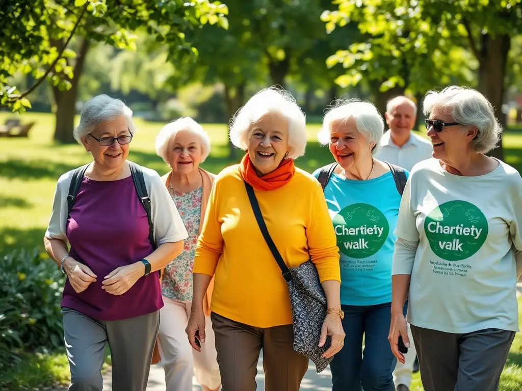 A heartwarming image capturing seniors enjoying a leisurely walk in a park, highlighting the benefits of outdoor activities for older adults.