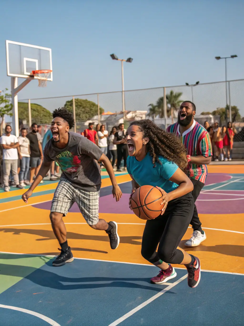 A lively photograph of a community basketball tournament, featuring teams competing and spectators cheering, with CRISMATS (CMS) volunteers organizing the event.