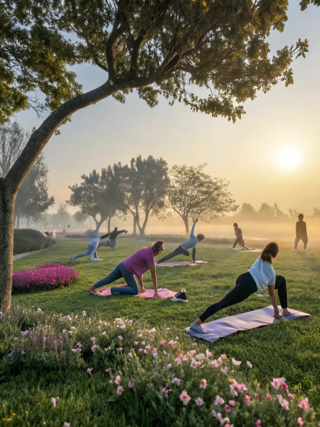 An engaging image of a group yoga session in a local park, with participants of varying ages and fitness levels, led by a CRISMATS (CMS) certified instructor.