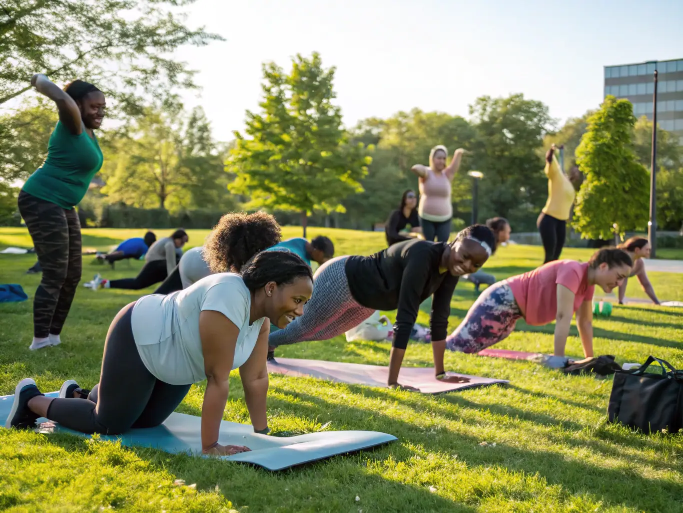 An inspiring image of adults participating in a community fitness program led by CRISMATS (CMS), emphasizing health and wellness.